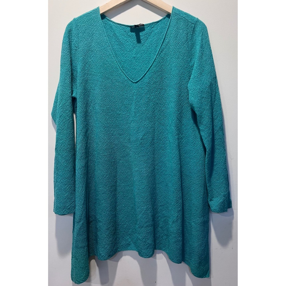 Eileen Fisher Teal Textured V Neck Long Sleeve Tunic Top M Wool